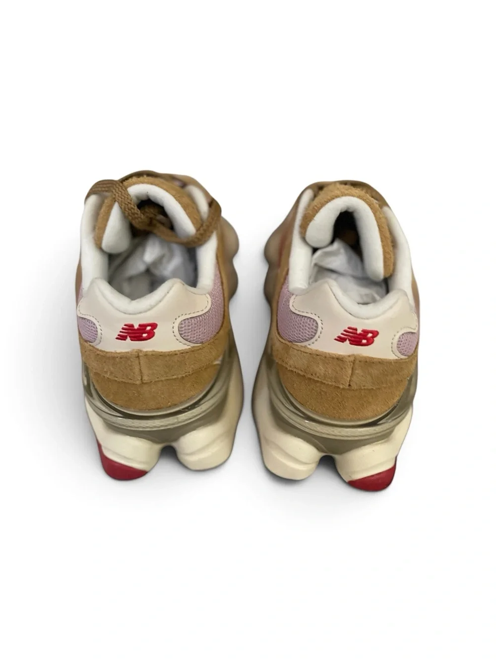 New Balance 9060 Women's Tan & Pink Retro Runner with Red Logo